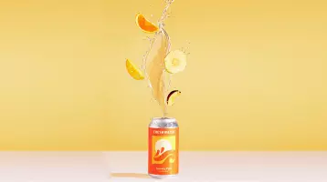 Shot 1: Two oranges collide in mid-air, capturing the moment of impact. Water splashes everywhere, creating a dynamic and vibrant scene. The bright sunlight reveals the juicy interior of the oranges. The orange-red metal can falls in slow motion against a cinematic gradient background, transitioning from warm orange to deep orange-red, full of depth and atmosphere. The addition of splashing soda liquid, luminous reflections, and a trail of mist behind the can creates a dramatic lighting effect. The slightly tilted camera, combined with shallow depth-of-field blur, creates a powerful and high-energy opening visual impact. Shot 3: A close-up of the upper part of the orange-red metal can shows shimmering water droplets. The can slowly rotates, the droplets flowing with it. Against a hazy, light orange background, shimmering light spots create a dynamic and captivating scene as the soda can rotates gracefully in the light and shadow, the water droplets sparkling and flowing. Scene 4: The camera follows a slender hand as it picks up an orange-red metal can. The background is a vibrant gradient, transitioning from warm orange to deep orange-red. Water droplets slide off the can's surface as it is placed on a reflective, damp table. The camera slowly circles the can, focusing on the glossy effect of the water droplets and the orange pattern, finally ending with the can's reflection.